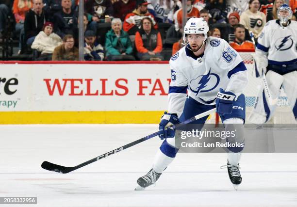 Maxwell Crozier of the Tampa Bay Lightning skates against the Philadelphia Flyers at the Wells Fargo Center on February 27, 2024 in Philadelphia,...