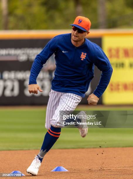 New York Mets outfielder Brandon Nimmo during a spring training workout on Feb. 19, 2024 in Port St. Lucie, Florida.