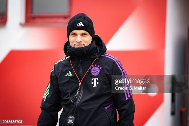 Thomas Tuchel, head coach of FC Bayern Muenchen, during a training session ahead of their UEFA Champions League Round of 16 second leg match at...