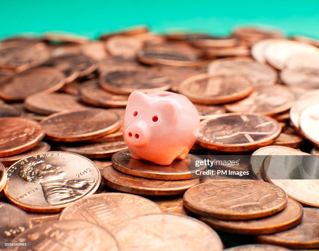 Savings concept - Tiny piggy bank on pennies
