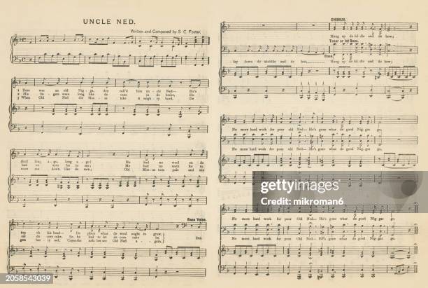 old engraved illustration of musical notes of "uncle ned" (sometimes titled “old uncle ned”) one of the earliest songs written by stephen foster - stephen stock pictures, royalty-free photos & images