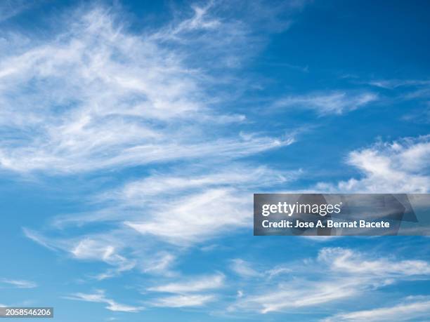 full frame, blue sky with small high clouds at noon. - altostratus stock-fotos und bilder