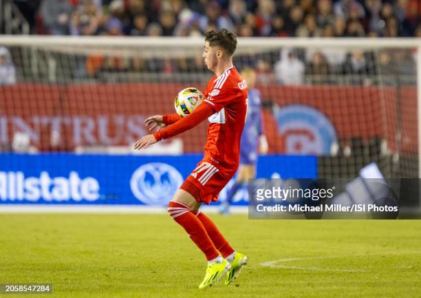 Brian Gutierrez of Chicago Fire controls the ball during a game between FC Cincinnati and Chicago Fire FC at Soldier Field on March 2, 2024 in...