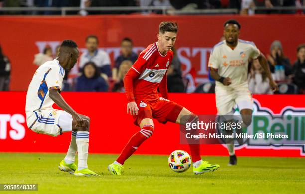Brian Gutierrez of Chicago Fire runs with the ball during a game between FC Cincinnati and Chicago Fire FC at Soldier Field on March 2, 2024 in...