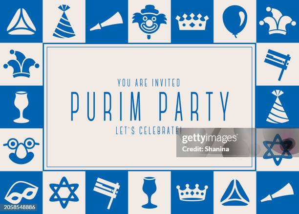 purim icons frames greeting card - blue - purim stock illustrations