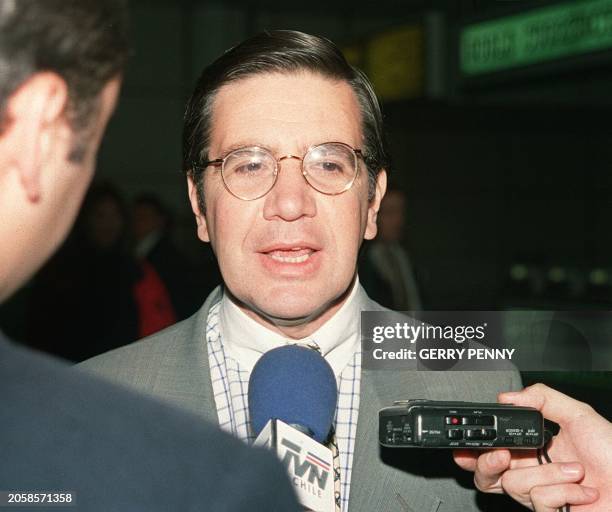 Chilean presidential candidate Joaquin Lavin speaks to the press on his arrival to London's Gatwick airport, 06 November. Lavin is here to fight the...