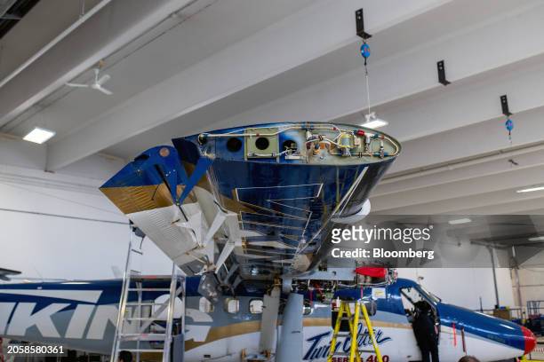 Wing tip wiring and controls on the Series 400-Twin Otter test aircraft at the De Havilland Canada production facility in Calgary, Alberta, Canada,...