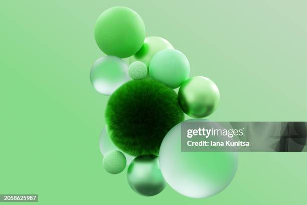 green fluffy, glossy, glass 3d circles, spheres, bubbles, balls. ecology concept background. abstract surrealism pattern, composition. design element. - imagen estereoscópica fotografías e imágenes de stock