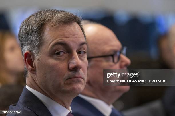 Belgium's Prime Minister Alexander De Croo and Prince Albert II of Monaco are pictured during the Blue Leaders event, organized by the Marine...