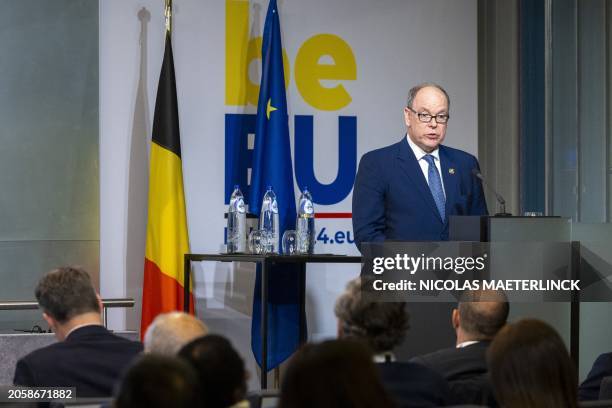 Prince Albert of Monaco delivers a speech at the Blue Leaders event, organized by the Marine Environment Department of the Federal Public Service for...