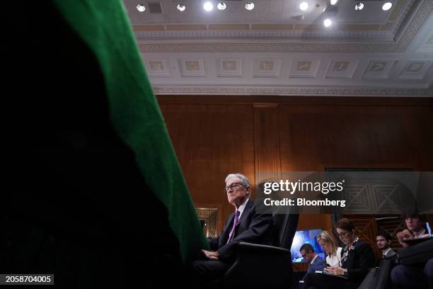 Jerome Powell, chairman of the US Federal Reserve, during a Senate Banking, Housing, and Urban Affairs Committee hearing in Washington, DC, US, on...