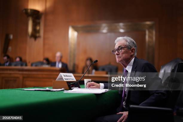 Jerome Powell, chairman of the US Federal Reserve, during a Senate Banking, Housing, and Urban Affairs Committee hearing in Washington, DC, US, on...