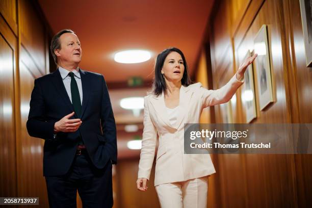 Annalena Baerbock, German Foreign Minister, and Britain's Foreign Secretary David Cameron chats during her meeting on March 07, 2024 in Berlin,...