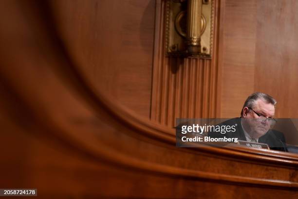 Senator Jon Tester, a Democrat from Montana, during a Senate Banking, Housing, and Urban Affairs Committee hearing in Washington, DC, US, on...