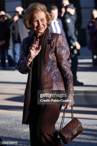 Queen Sofia attends the "Iberoamerican Patronage Awards" by the Callia Foundation 2024 at Real Academia de Bellas Artes on March 04, 2024 in Madrid,...