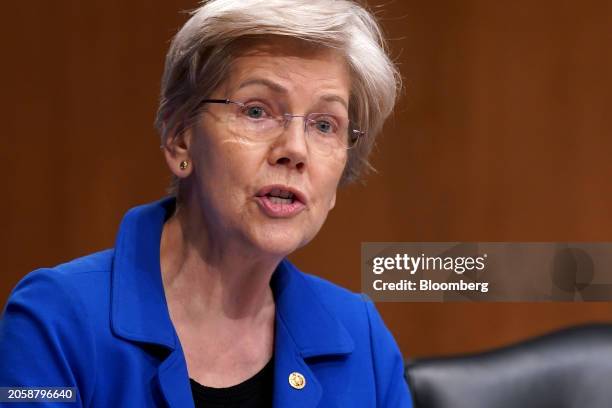 Senator Elizabeth Warren, a Democrat from Massachusetts, during a Senate Banking, Housing, and Urban Affairs Committee hearing in Washington, DC, US,...