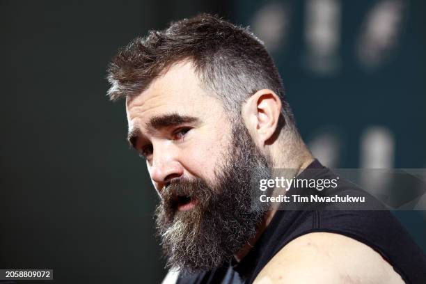 Jason Kelce of the Philadelphia Eagles reacts after announcing his retirement from the NFL at NovaCare Complex on March 04, 2024 in Philadelphia,...