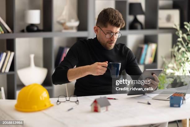 architect work on digital tablet - autocad stock pictures, royalty-free photos & images