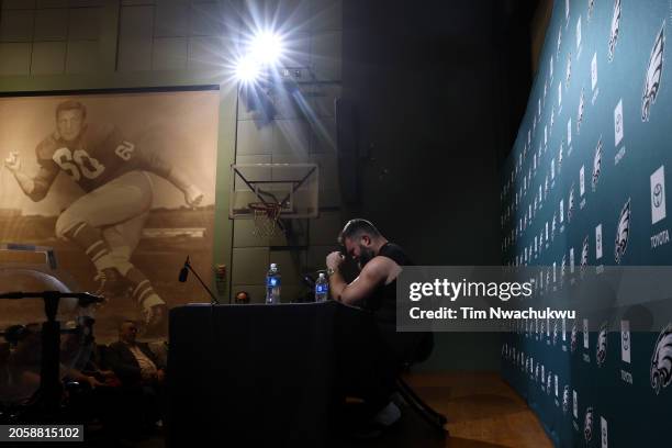 Jason Kelce of the Philadelphia Eagles reacts after announcing his retirement from the NFL at NovaCare Complex on March 04, 2024 in Philadelphia,...