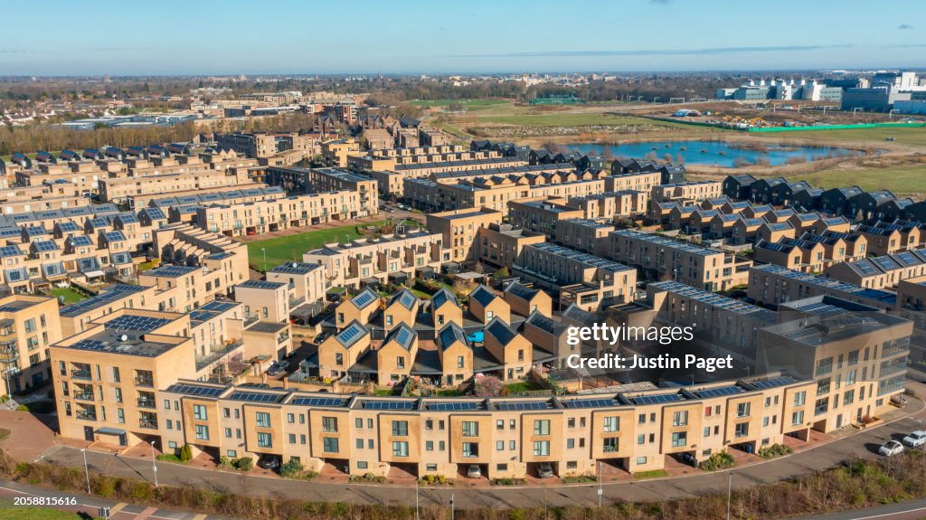 Drone/aerial view of a modern residential district in Cambridge, UK