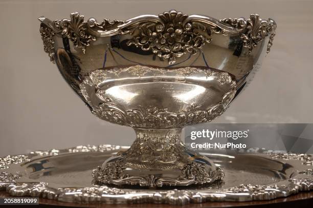 Detail of Davis Cup trophy is seen during Italian Trophy Tour in L'Aquila, Italy, on March 1st, 2024. Italy won 2023 Davis Cup against Australia and...