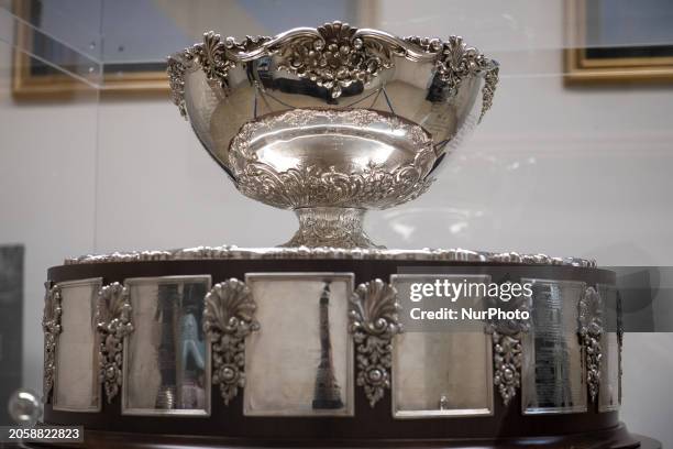 Detail of Davis Cup trophy is seen during Italian Trophy Tour in L'Aquila, Italy, on March 1st, 2024. Italy won 2023 Davis Cup against Australia and...