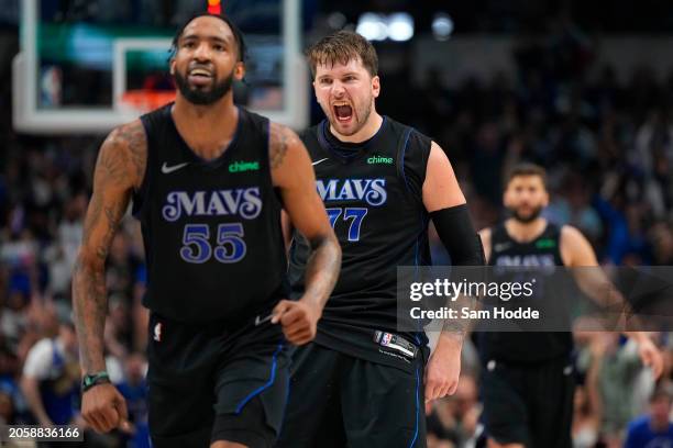 Luka Doncic of the Dallas Mavericks reacts after scoring during the second half against the Philadelphia 76ers at American Airlines Center on March...