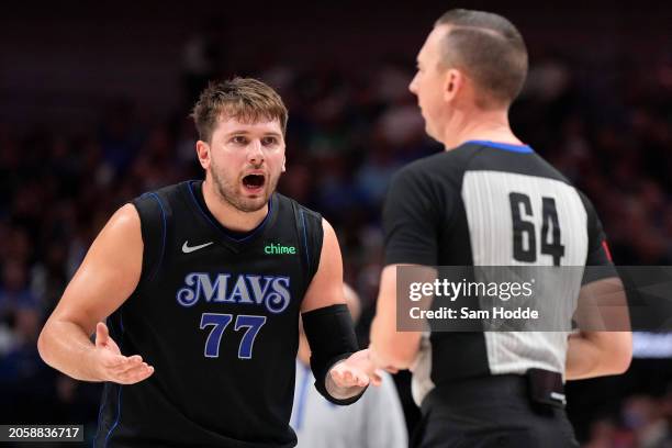 Luka Doncic of the Dallas Mavericks reacts after being called for a technical foul during the second half against the Philadelphia 76ers at American...