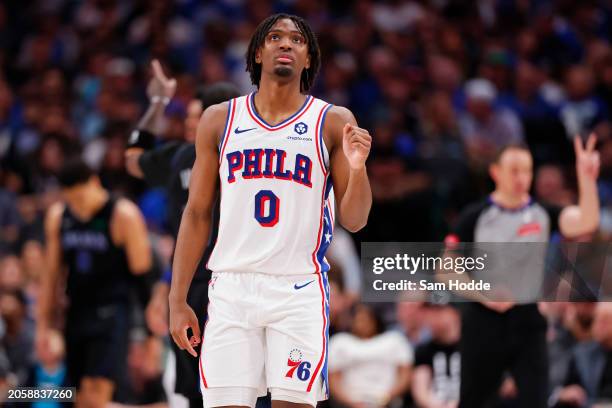 Tyrese Maxey of the Philadelphia 76ers reacts after scoring during the second half against the Dallas Mavericks at American Airlines Center on March...