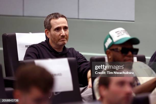 Howie Roseman, executive vice president of the Philadelphia Eagles, reacts during Jason Kelce's retirement annoucement from the NFL at NovaCare...