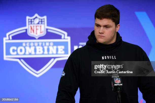 Joe Alt #OL02 of the Notre Dame speaks to the media during the 2024 NFL Combine at the Indiana Convention Center on March 02, 2024 in Indianapolis,...