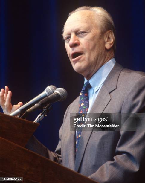 Gerald Ford speaks during the Silicon valley Leadership Conference at Shoreline Amphitheatre on May 26, 1995 in Mountain View, California.