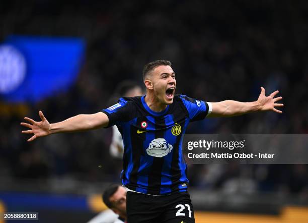 Kristjan Asllani of FC Internazionale celebrates after scoring his team's first goal during the Serie A TIM match between FC Internazionale and Genoa...