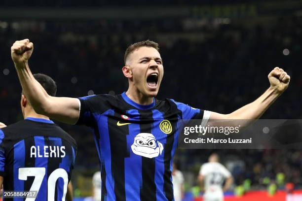 Kristjan Asllani of FC Internazionale celebrates scoring his team's first goal during the Serie A TIM match between FC Internazionale and Genoa CFC -...