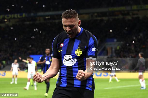 Kristjan Asllani of FC Internazionale celebrates scoring his team's first goal during the Serie A TIM match between FC Internazionale and Genoa CFC -...