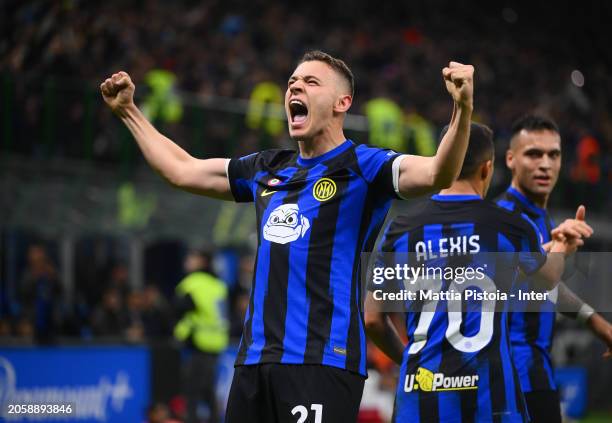 Kristjan Asllani of FC Internazionale celebrates after soring a goal during the Serie A TIM match between FC Internazionale and Genoa CFC - Serie A...