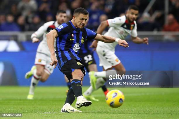 Alexis Sanchez of FC Internazionale scores his team's second goal during the Serie A TIM match between FC Internazionale and Genoa CFC - Serie A TIM...