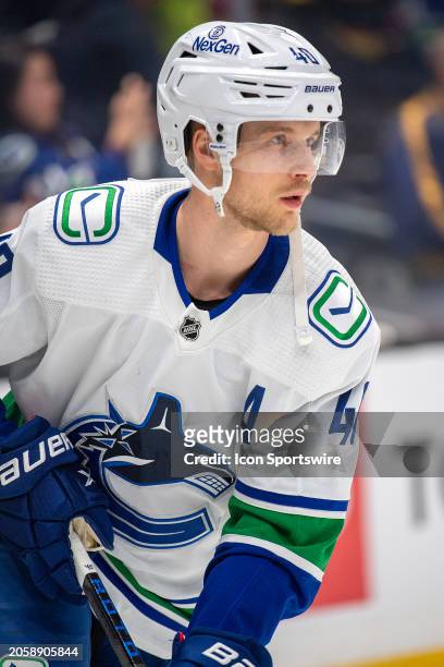 Vancouver Canucks Center Elias Pettersson skates during warm ups before a game between the Vancouver Canucks and the Los Angeles Kings on March 5th,...