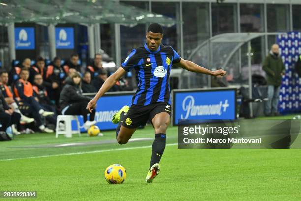 Denzel Dumfries of FC Internazionale in action during the Serie A TIM match between FC Internazionale and Genoa CFC - Serie A TIM at Stadio Giuseppe...