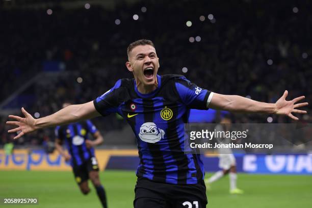 Kristjan Asllani of FC Internazionale celebrates after scoring to give the side a 1-0 lead during the Serie A TIM match between FC Internazionale and...