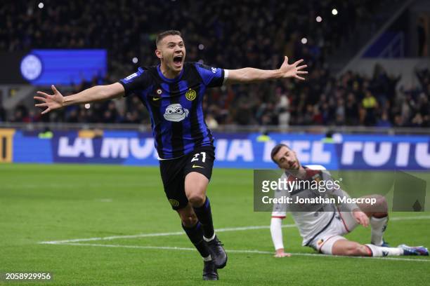 Kristjan Asllani of FC Internazionale celebrates after scoring to give the side a 1-0 lead during the Serie A TIM match between FC Internazionale and...
