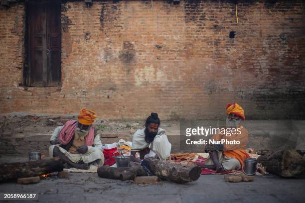 Group of Sadhus, Hindu holy people, are warming themselves with a fire on the eve of the Maha Shivaratri festival at the Pashupatinath Temple complex...