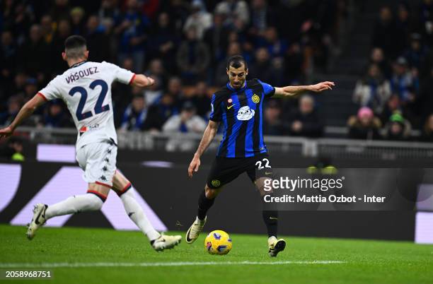 Henrikh Mkhitaryan of FC Internazionale in action, kicks the ball during the Serie A TIM match between FC Internazionale and Genoa CFC - Serie A TIM...