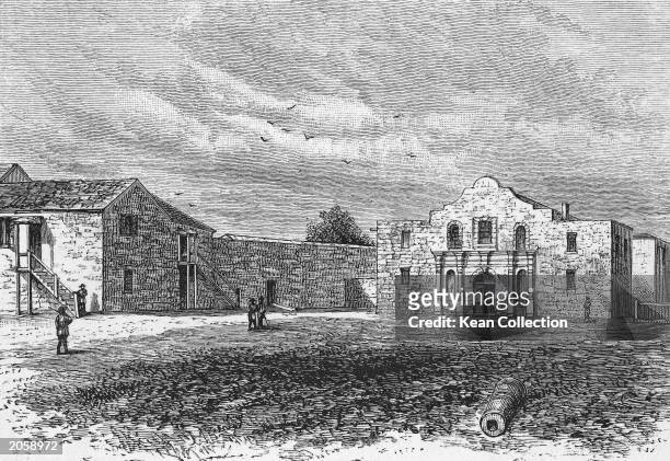An engraving of the Alamo, a Franciscan mission in San Antonio, Texas, that was the scene of a seige during the Texan war for independence in 1836....