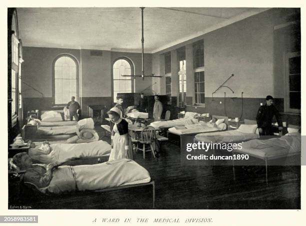 ilustraciones, imágenes clip art, dibujos animados e iconos de stock de enfermera y pacientes, sala médica, royal victoria hospital o netley hospital, enfermera, victorian healthcare, 1890s, siglo xix - de archivo