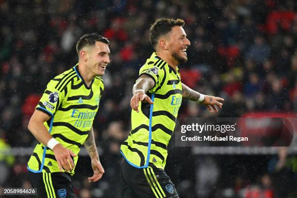 Ben White of Arsenal celebrates after scoring his team's sixth goal during the Premier League match between Sheffield United and Arsenal FC at...