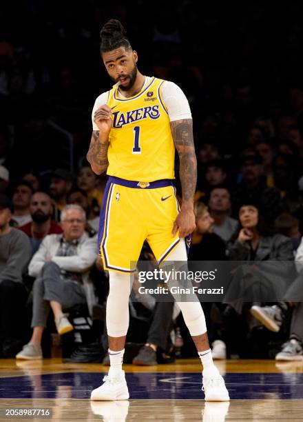 Los Angeles Lakers guard D'Angelo Russell takes a breather on the court during the game against the Sacramento Kings on March 6, 2024 at Crypto.com...