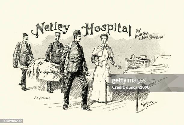 stretcher bearers carrying a patient in to  royal victoria hospital or netley hospital, nurse, victorian healthcare, 1890s, 19th century - 665409969 or 665409803 stock illustrations