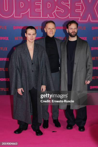 Saul Nanni, Rocco Siffredi and Alessandro Borghi attend the photocall for "Supersex" at Salone delle Fontane on March 04, 2024 in Rome, Italy.