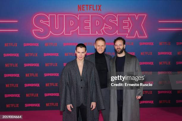 Saul Nanni, Rocco Siffredi and Alessandro Borghi attend the photocall for "Supersex" at Salone delle Fontane on March 04, 2024 in Rome, Italy.